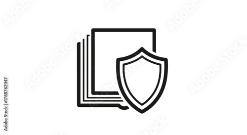 Secured document management illustration, shield icon protecting confidential files archive