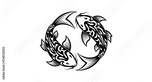 Yin yang koi fish illustration, a symbol of balance, unity and dualism represented in a