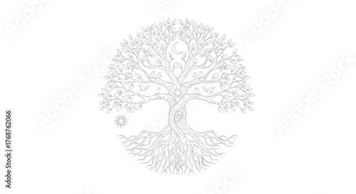 Elaborate illustration showcasing a detailed tree with roots, branches, sun, moon and birds