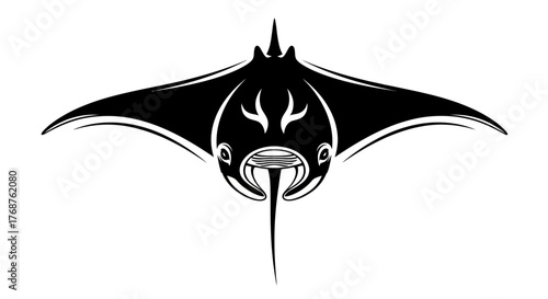 Stylized black and white stingray illustration with tribal flair and minimalist design