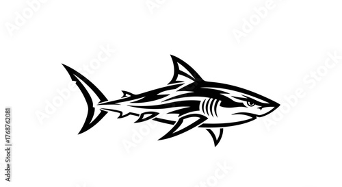 Striking shark monochrome illustration with tribal-inspired stylized patterns and sharp contours