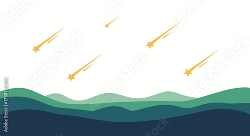 Stylized shooting stars over rolling hills landscape illustration background