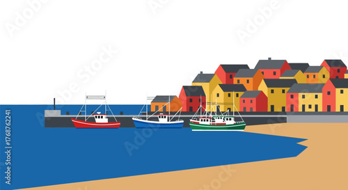 Vibrant coastal vista featuring fishing vessels nestled beside a colorful townscape