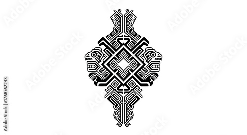 Ancient tribal symmetrical pattern with stylized animal figures intricate tribal artwork black and