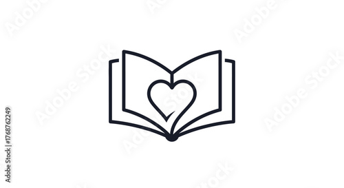 Open book with heart symbol representing love for literature or education concept