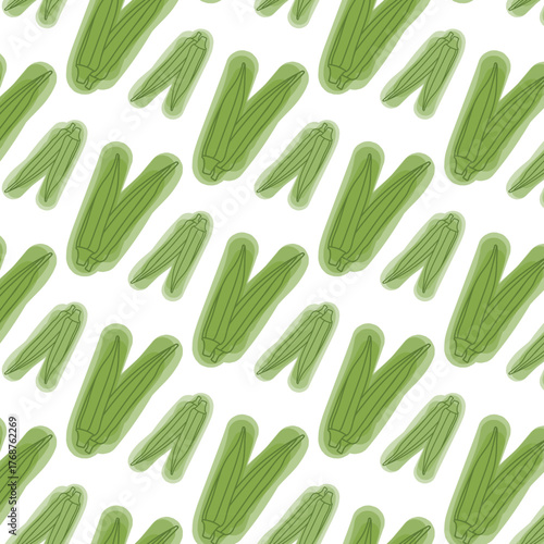 Seamless okra or lady finger vegetable pattern with textured green pods for food packaging, decor, and textile design