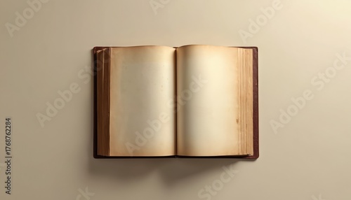 Old open book with blank yellowed pages rests on a plain surface. This classic volume is ready for writing, reading, or study activities. Its empty pages invite imagination and learning.