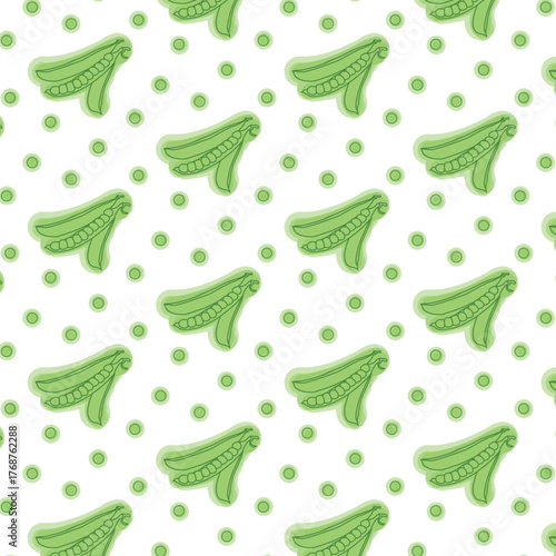 Seamless pea pod pattern with green peas and textured pods for food packaging, decor, and textile design
