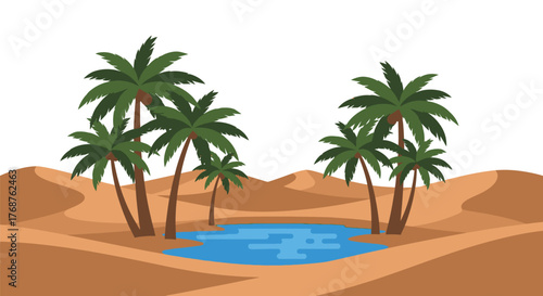 Serene desert oasis illustration with palm trees and refreshing water source scene