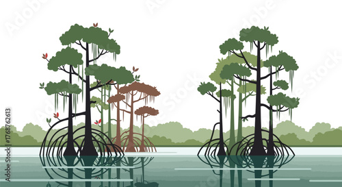 Stylized mangrove ecosystem illustration showcasing tree reflections in the water serene scene