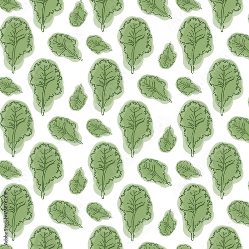 Seamless kale leaf pattern with textured green illustrations for food packaging, decor, and textile design