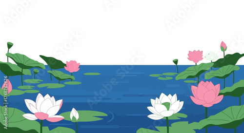 Serene water lilies and lotus blossoms floating gently on a tranquil pond surface