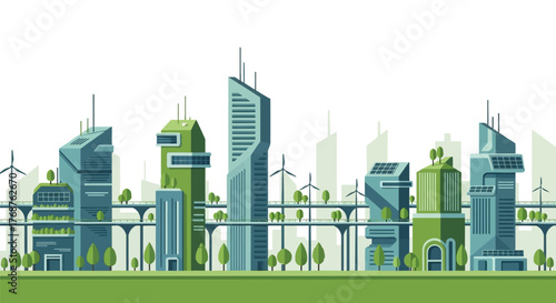 Sustainable urban future showcases eco-friendly buildings with green energy integration and modern