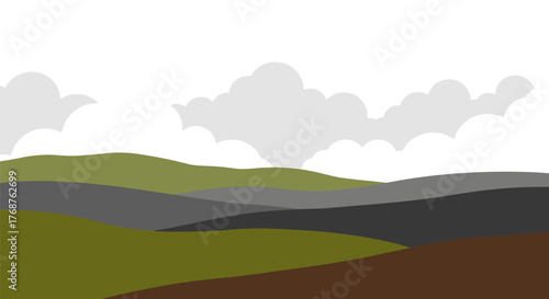 Stylized Landscape Vector Illustration with Rolling Hills and Cloudy Sky Scenery
