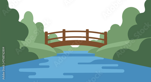 Serene landscape featuring a simple wooden bridge over a gently flowing stream surrounded by lush