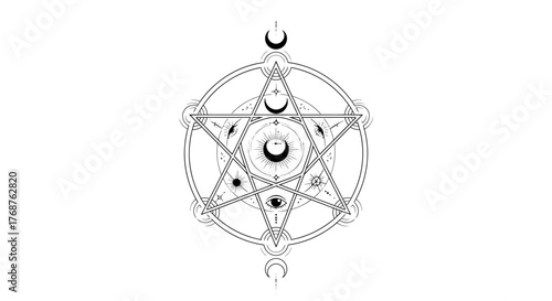 Mystical pentagram symbol with moon phases and esoteric elements abstract illustration