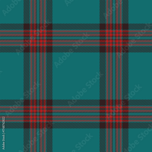 Classic tartan pattern in teal, red and dark gray. Ideal for textiles, backgrounds, and design projects requiring a traditional Scottish feel. Seamless.