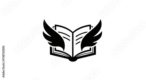 Symbolic representation of literary enlightenment with winged book illustration in black and white