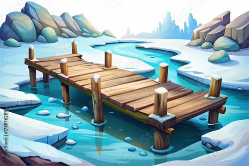 Old wooden pier extending into frozen lake vector surrounded by snow symbolizing silence and nature’s stillness