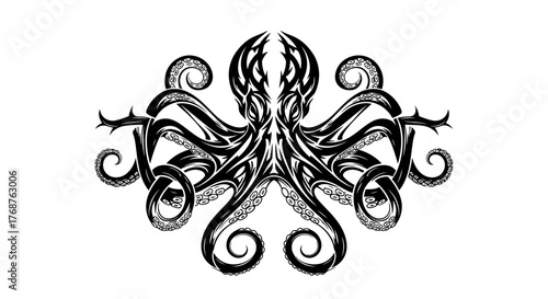 Abstract monochrome depiction of a cephalopod creature with ornate and decorative tentacles