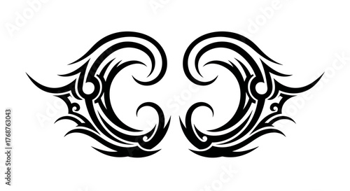Symmetrical stylized tribal tattoo design featuring sharp curves and bold black ink pattern