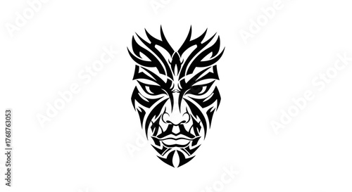 Intricate tribal inspired mask design with sharp angular lines and bold symmetrical patterns