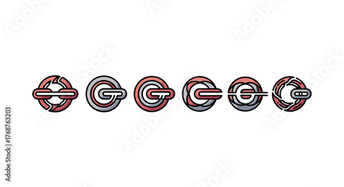 Set of six abstract circular icons with a gradient of pink and white, featuring stylized 'G' shapes and a link symbol, perfect for technology, business, or app design, conveying connectivity and