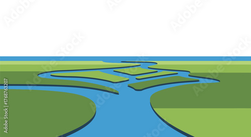 Abstract river estuary illustration displaying water and green land formations in blue and green