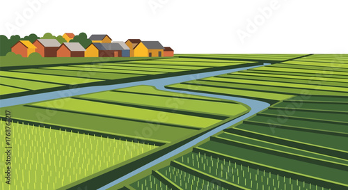Vibrant rice terraces landscape with meandering streams and village rooftops artful design