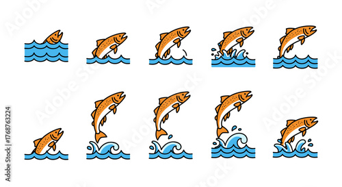 Dynamic sequence of a salmon leaping out of blue water, illustrating the fish's powerful movement and ascent, presented in a clean, modern vector graphic style with a dark background for high