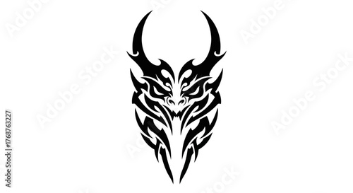 Intricate black symmetrical tribal design evoking power and stylized creature depiction