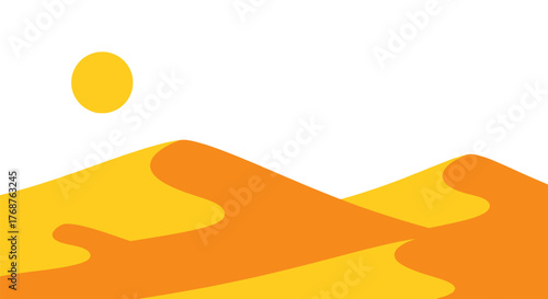 Minimalist desert landscape illustration with sun shining over sand dunes landscape