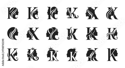 Collection of elegant 'K' letter logos featuring stylized female profiles with flowing hair, some adorned with crowns, suitable for beauty brands, salons, or fashion businesses, presented in a