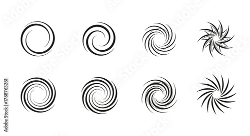 Abstract swirling vortex graphic elements set, featuring a progression from simple circles to complex starburst patterns, rendered in a monochromatic, textured style on a black background, perfect