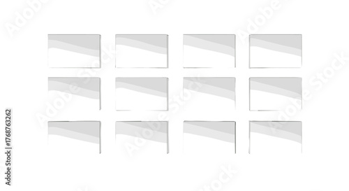 A grid of twelve blank white squares with subtle shadows, arranged in four rows and three columns against a stark black background, perfect for showcasing content or creating a visual layout.