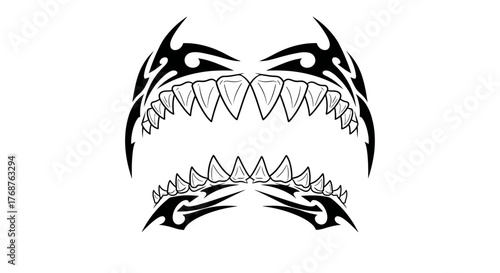 Stylized menacing shark jaws with tribal-inspired patterns on a clean white backdrop creating a