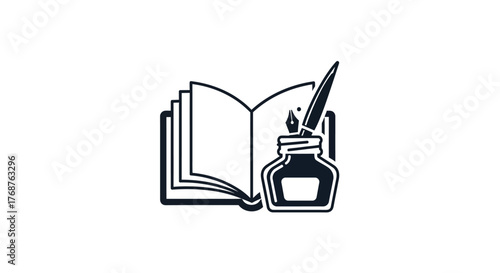 Inkwell and open book illustration signifying writing, education, and literature