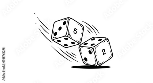 Stylized monochrome drawing showcasing two dice in motion conveying chance and playful uncertainty