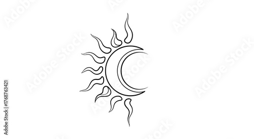 Mystical celestial crescent moon and sun fusion artistic line drawing design illustration