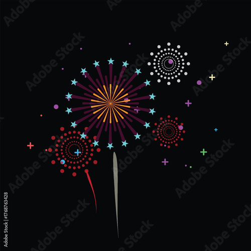 Colorful pyrotechnics explode against the night sky, a bright celebration of New Year light on a black background