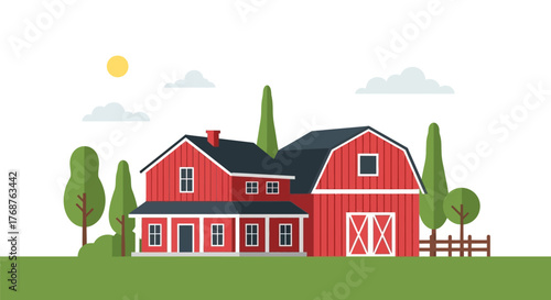 Flat design vector illustration of a red barn and farmhouse nestled in a peaceful rural landscape