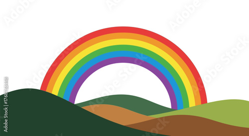 Vibrant rainbow bridge over rolling hills: A cheerful landscape illustration of hope