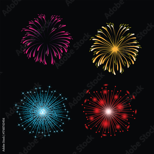 Colorful pyrotechnics explode against the night sky, a bright celebration of New Year light on a black background