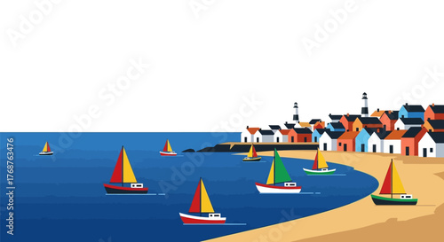 Coastal town landscape with colorful sailboats, blue sea, sandy beach, houses and lighthouse