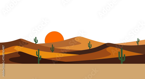 Stylized desert landscape with rolling dunes, cacti silhouettes, and vibrant sunset depiction