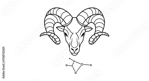 Aries zodiac sign illustration with ram head and constellation drawing for astrology purposes