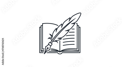 Feather quill and open book outline illustration for writing and storytelling concept