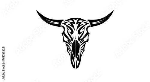 Abstract representation of a bovine skull rendered in a bold tribal tattoo style design