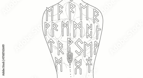 Runic inscription across human back illustration featuring intricate line work and unique symbol
