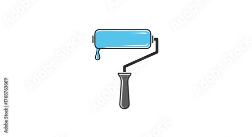 Illustration of a blue paint roller with a drop of paint ready for interior design